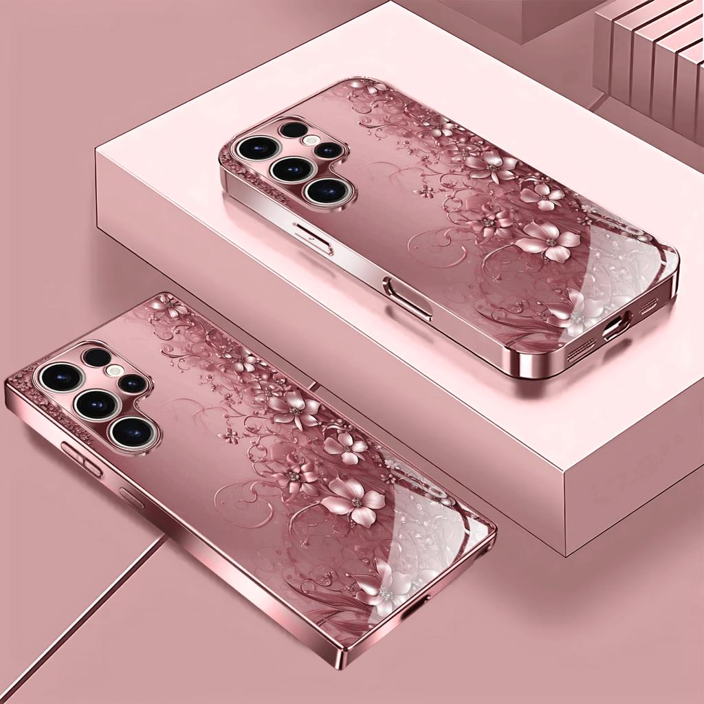 Flower Pattern Rose Golden Electroplated Pink Phone Case Cover for Samsung Galaxy S26 S25 S24 S23 S22 S21 and Other Models