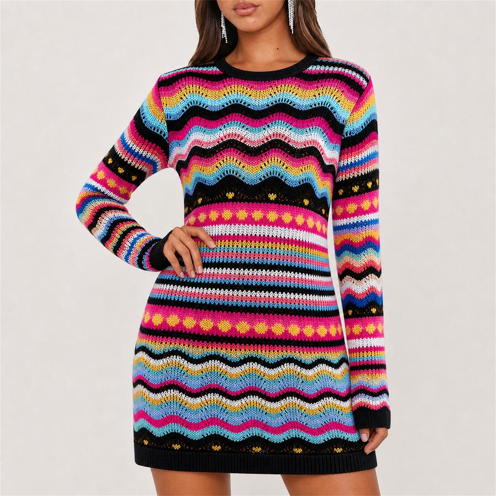 Women's Stripe Knit Pullover Sweater, Round Neck Mid-Length Tunic for Fall Winter Casual Wear