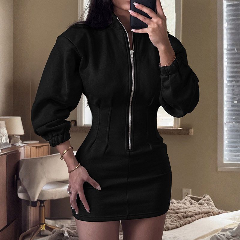 European and American Export Women's Clothing Autumn and Winter Casual and Comfortable Long-Sleeved Stand-Up Collar Zipper Waist Sweatshirt Dress
