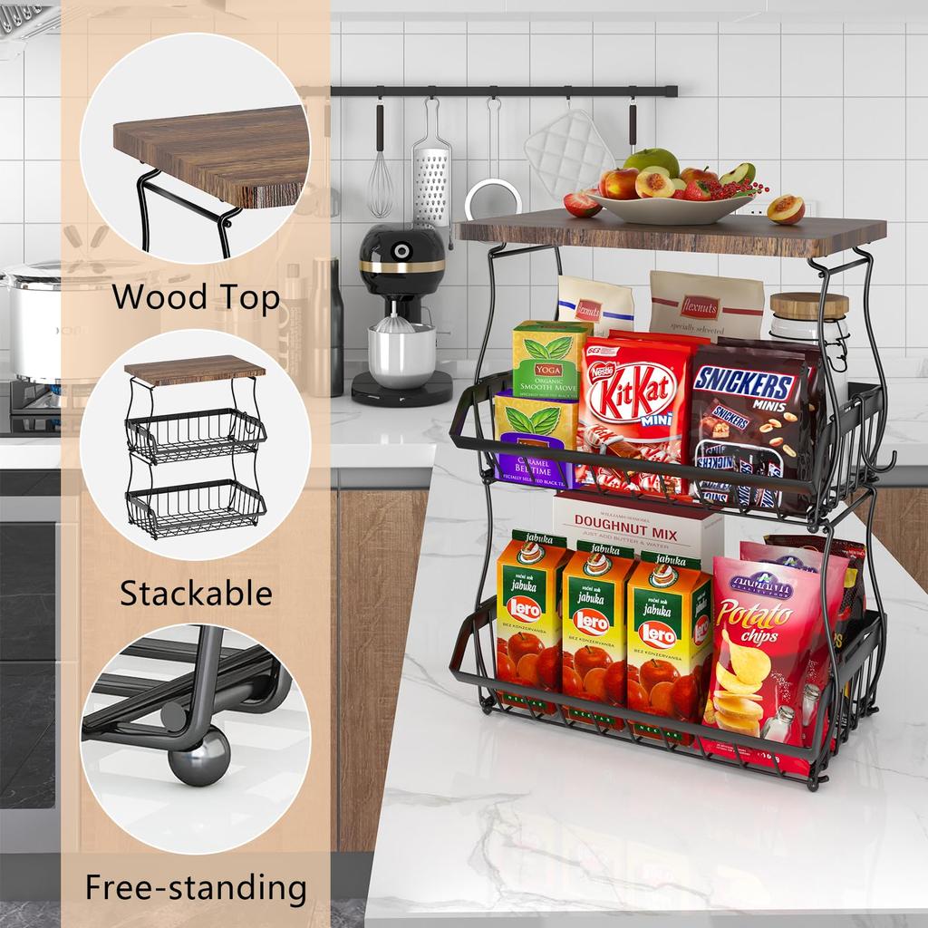 3 Tier Countertop Fruit Basket Bread Bowl with Wooden Top for Kitchen,Stackable Vegetable Onion Storage Wire Basket with Hangers