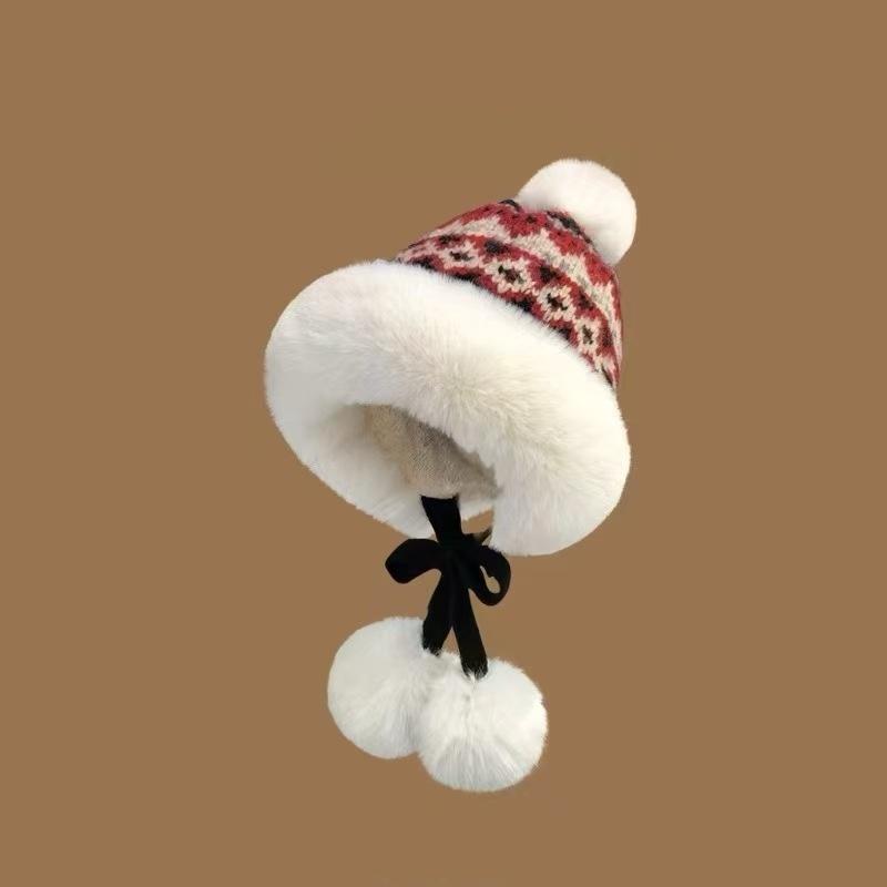Bonnet Tricoté Rétro Style Îles Féroé pour Femmes Chapeau Chaud Automne Hiver Polyvalent Mignon Chapeau Oreilles Protection Pompon