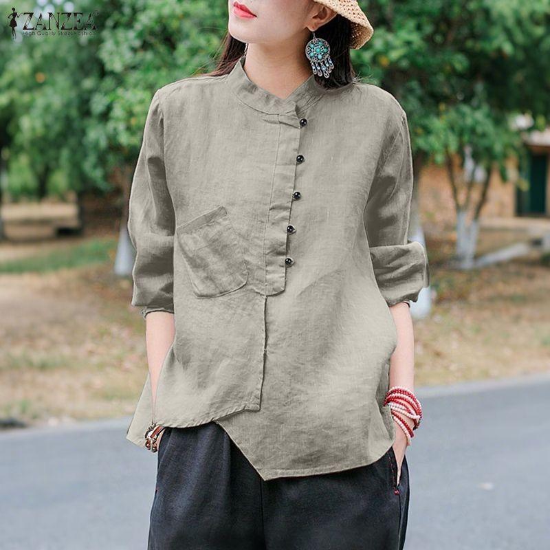 ZANZEA Women Casual Round Neck Solid Color Long Sleeve Retro Blouse