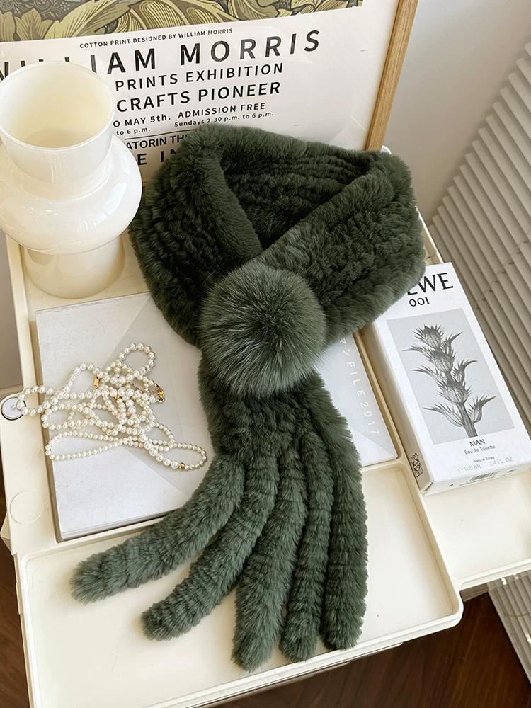 Rex Rabbit Fur Scarf Women's Winter New Tassel Ball Double-sided Warm Scarf Real Fur Collar