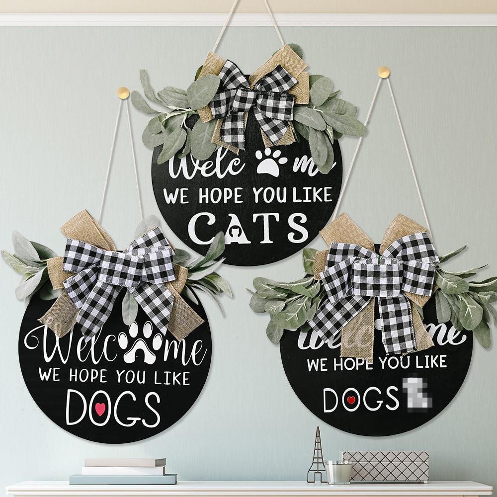 Charming Country Wooden Door Plaque With Cute Checkered Bow For Pet Lovers Home Decor
