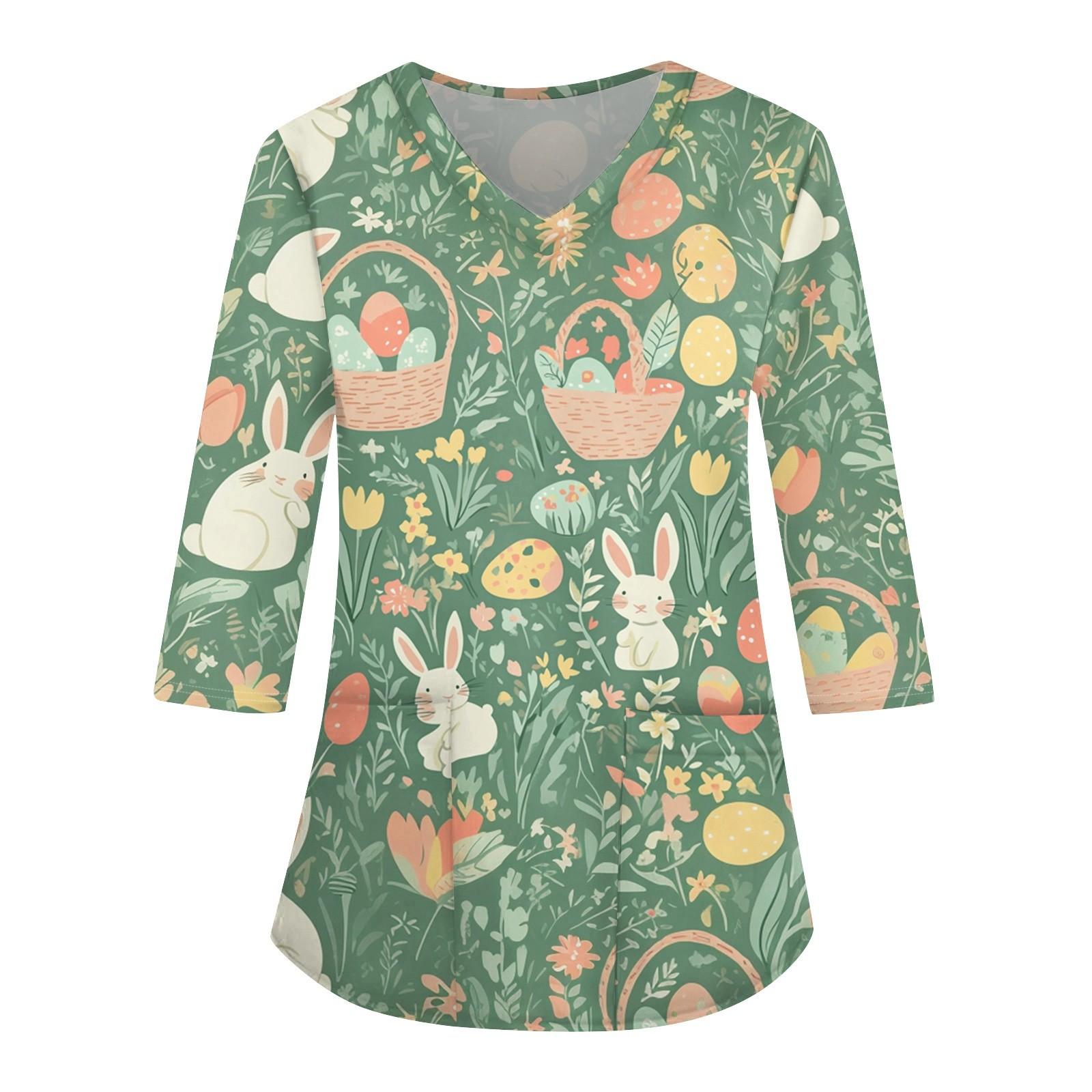 

Модная женская рабочая одежда с v-образным вырезом и рукавами 3/4, свободные топы с карманами и принтом L зелёный