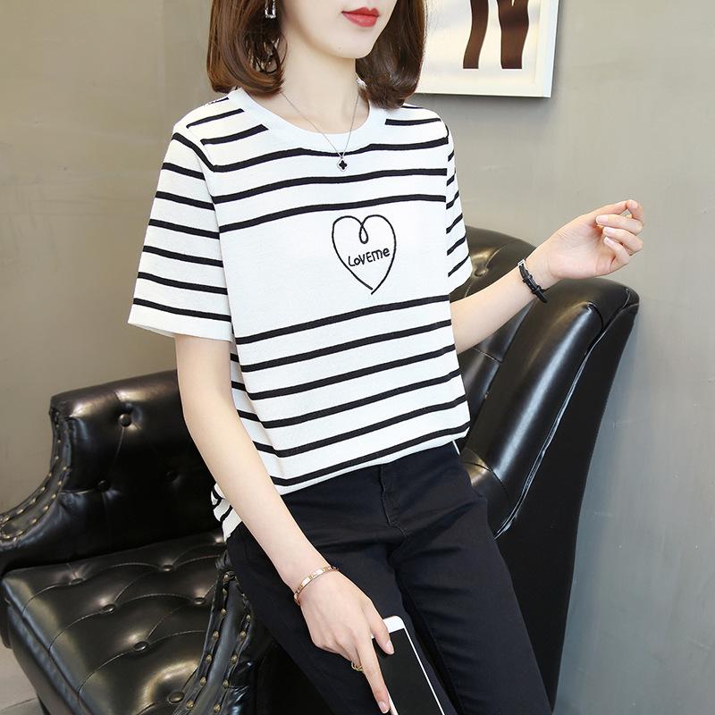 

Трикотажный свитер из ледяного шелка женский лето 2025 новый пуловер с круглым вырезом тонкий в горизонтальную полоску с коротким рукавом вышивка женская одежда S белый