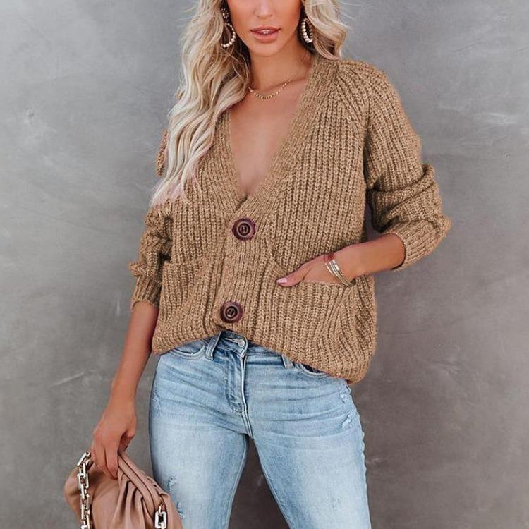 V-Ausschnitt Uni Cardigan Pullover Jacke mit langen Ärmeln für Herbst und Winter Einreiher Oberteil