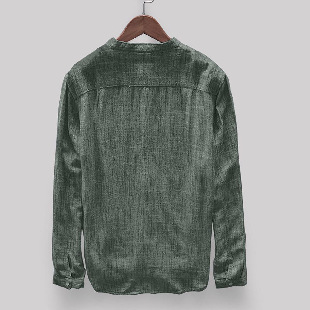 Men's Retro Shirt Solid Color Cotton Line Stand Collar Long Sleeve Large Size Shirt