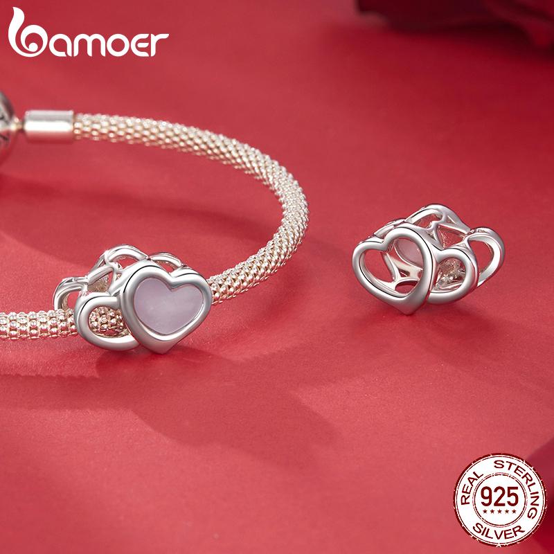 AMOER Solid 925 Srebro Sterling Różowe Serce Charm Koralik pasuje Oryginalna Bransoletka i Naszyjniki Biżuteria Bamoer Infinity Love Charm