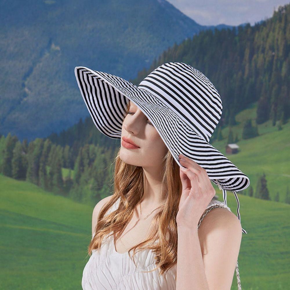 Bow Stripe Bucket Hat Wide Brim Sun Protection Cap Casual Fisherman Hat  Hiking
