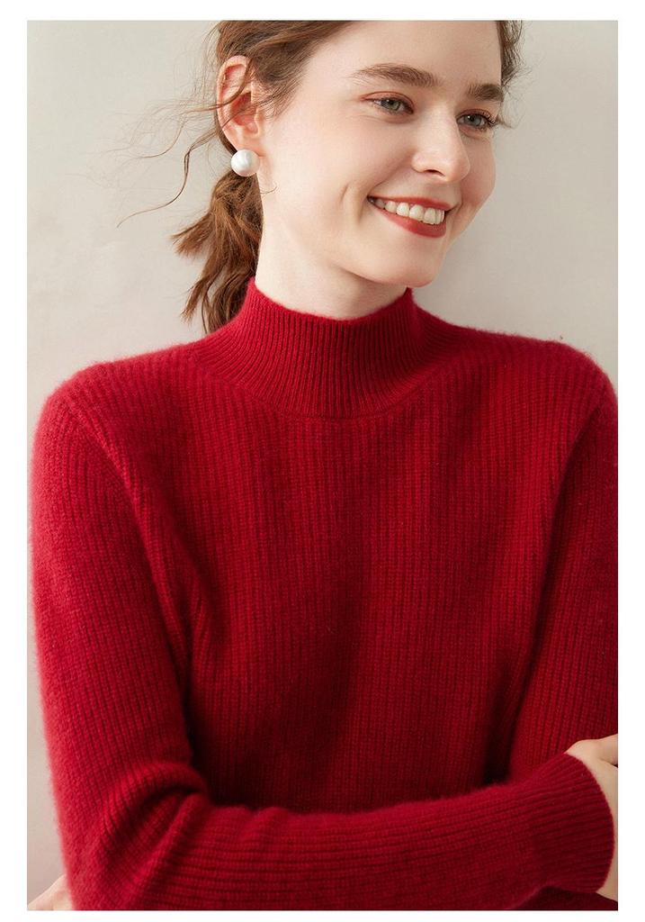 Women's Cashmere Knitwear: Coin Stitch Half-High Collar, Solid Color, Thick Loose Base Layer Sweater for Autumn and Winter.