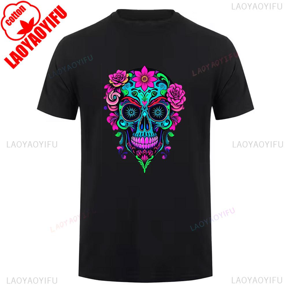 Cotton Summer Short Sleeve Mexican Skull Unisex Tee Round Neck Breathable Vintage Pattern Graphic Shortsleeved Launched Top