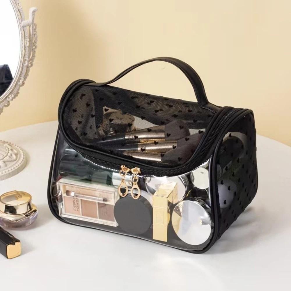 Portable Large Capacity Mesh Makeup Bag Heart Pattern Zipper Toiletry Organizer Transparent Storage Bag Outdoor