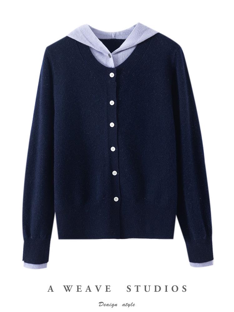 Women's 100% Pure Wool Color Block Cardigan Hoodie - Loose Knit Button-Up Sweater Coat