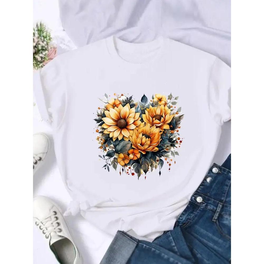 Flower Style Trend Cute Fashion Women Graphic T Shirt Print T-shirts Stylish Short Sleeve Top Clothing Ladies Female Tee T-Shirt