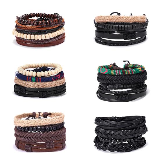 4Pcs/Set Vintage Men Mixed Style Braided Faux Leather Beaded Bracelet Bangle