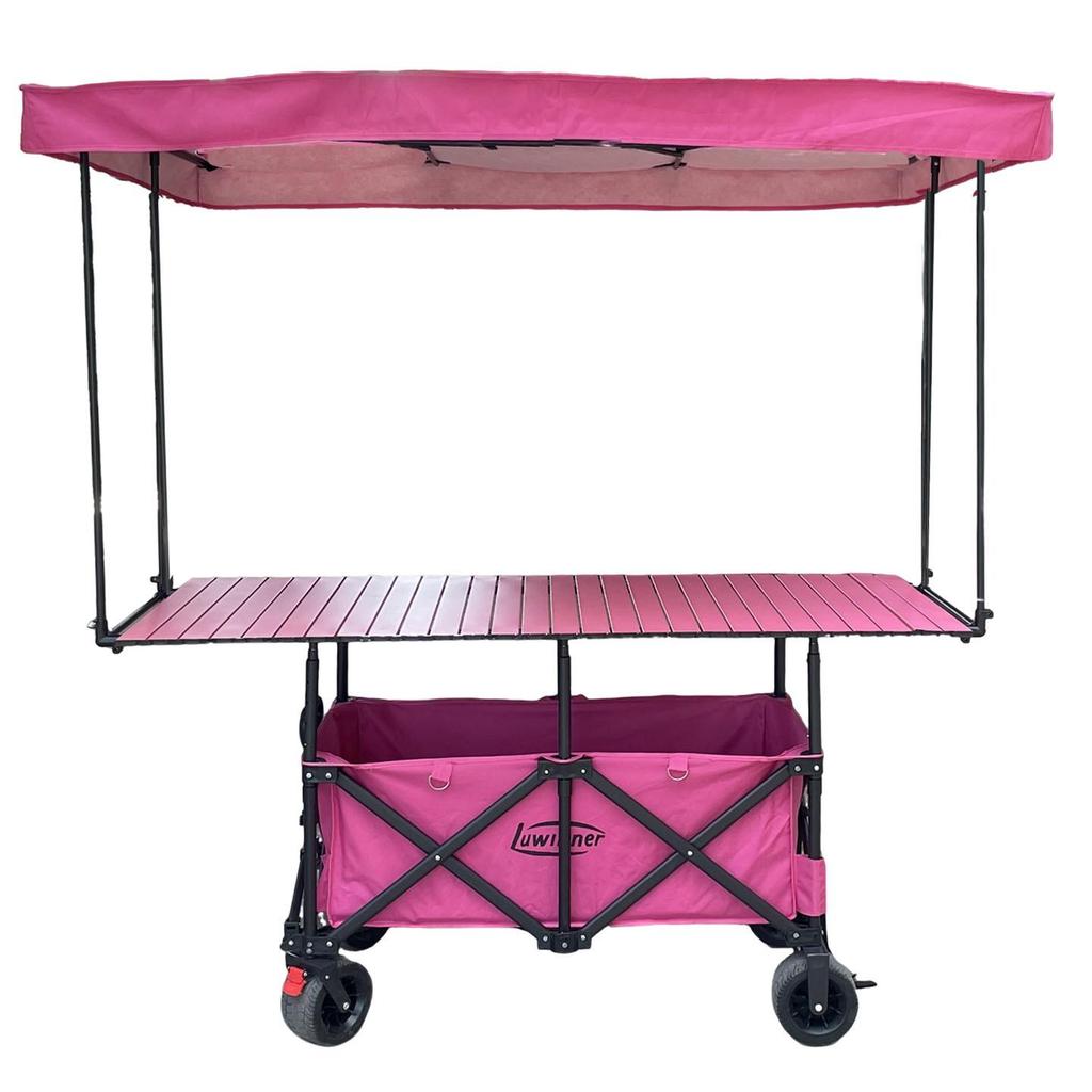 Adjustable Folding Handcart with Umbrella, Elevated Canopy & Table Top for Street Stalls or Camping.
