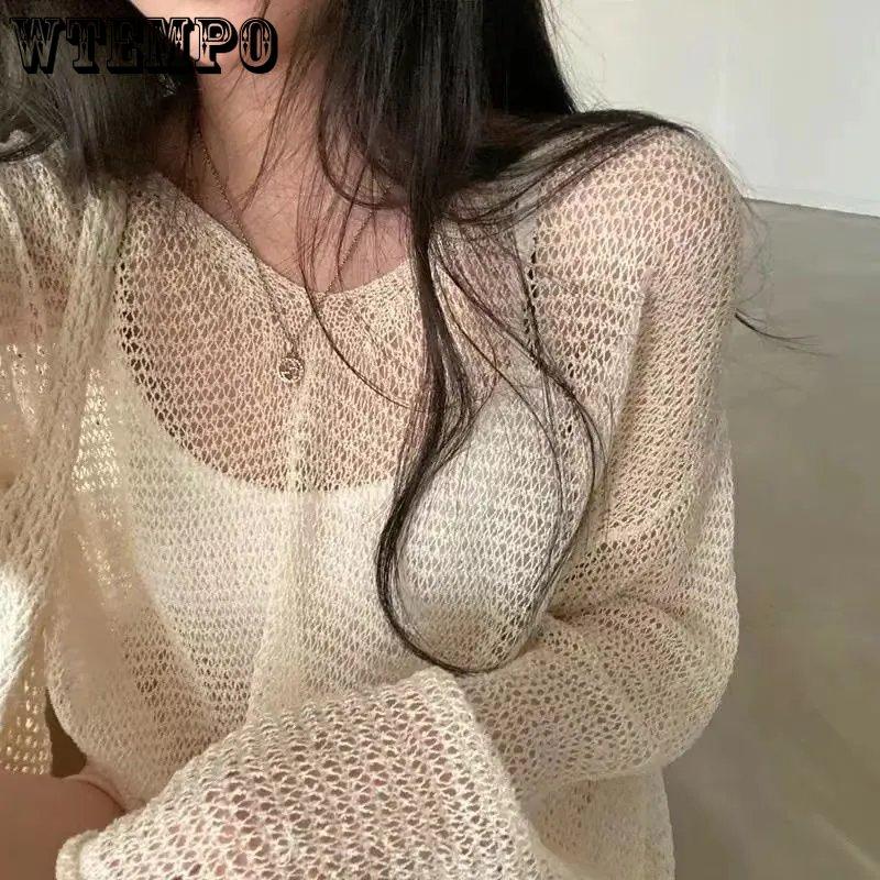 WTEMPO Loose Full Sleeve Jumpers Tops Hollow Out Solid Sexy Knitted Pullovers Women Fashion Casual Streetwear Chic Sweaters