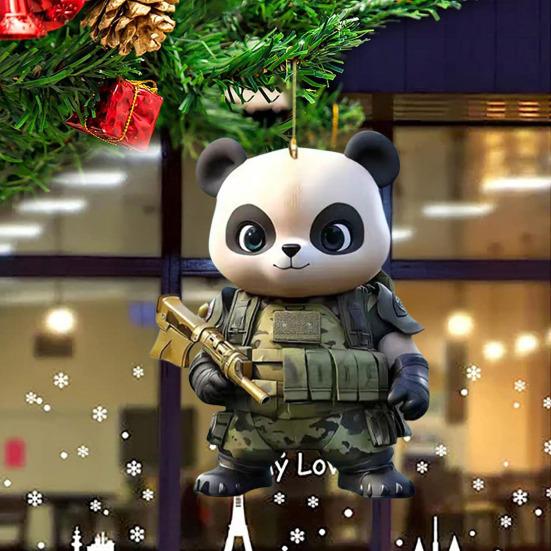 Panda Christmas Ornament 2D Acrylic Cartoon Panda Christmas Tree Hanging Ornament Cute Car Interior Accessories for Car Rear View Mirror Xmas