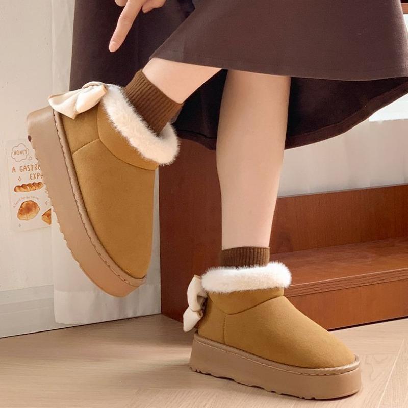 Bow Chunky Snow Boots for Women Plush Round Toe Woman Shoes Winter Kawaii Ankle 2025 Novelty Furry Trend Fashion Padded Footwear