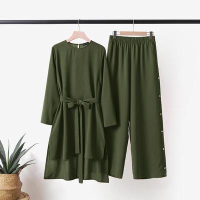 Eid Ramadan Women Muslim Two Piece Sets Tracksuit Islamic Musulman Ensemble Casual Long Sleeve Blouse Wide Leg Pant Sets