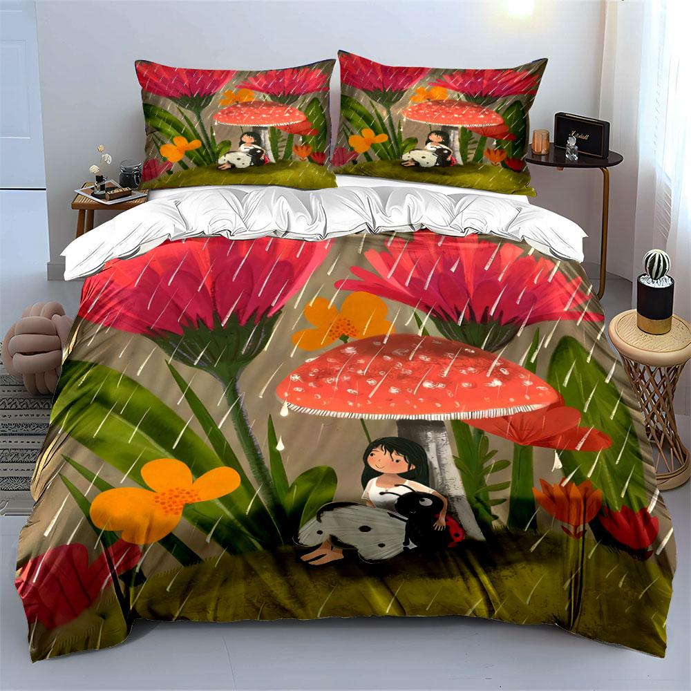 Fairytale Decor Mushroom Rain Scene Soft Comfortable Duvet Cover Bedding Set Included 1*Duvet Cover & 2*Pillowcases, Gift
