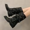 Fashion Retro Boots Women's Early Autumn Western Cowboy Booties High Waist Chunky Heel Faionable PU Leather Superfine Fiber 2025