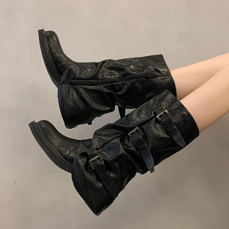 Fashion Retro Boots Women's Early Autumn Western Cowboy Booties High Waist Chunky Heel Faionable PU Leather Superfine Fiber 2025