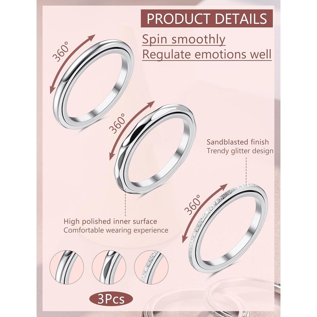 Bobisty 3Pcs Fidget Ring for Women Men Stainless Steel Rings for Relief Anxiety Anti Stress Band Thumb Spinner Ring Jewelry Gift
