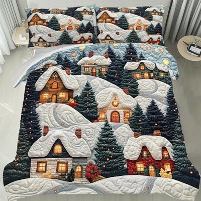 Latacaca 2/3-teiliges Bettbezug-Set mit Weihnachtsmotiv Schneebedecktes Dorf Bettbezug-Set Festliches Winterbettwäsche-Set 1 Bettbezug