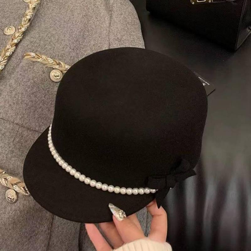 French Hepburn Style Pearl Bow Wool Top Hat Women's Autumn and Winter British Equestrian Hat Elegant Temperament Beret