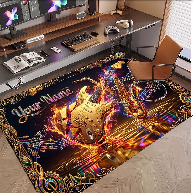 Music Guitar Theme Soft Crystal Velvet Rug Custom Name & Text Print Non Slip Floor Rug for Bedroom Living Room