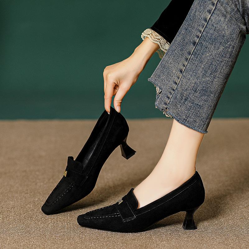 Square head high heels stiletto spring and autumn 2025 new deep mouth work shoes women's black French retro square head single shoes