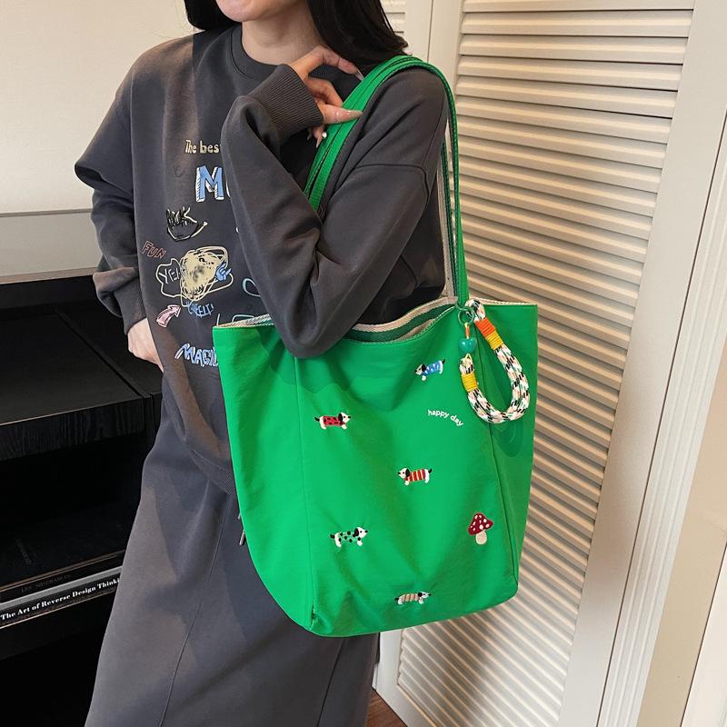 Women's Nylon Cartoon Puppy Embroidery Single Shoulder Tote Bag with Pendant, Striped Double-Sided Design