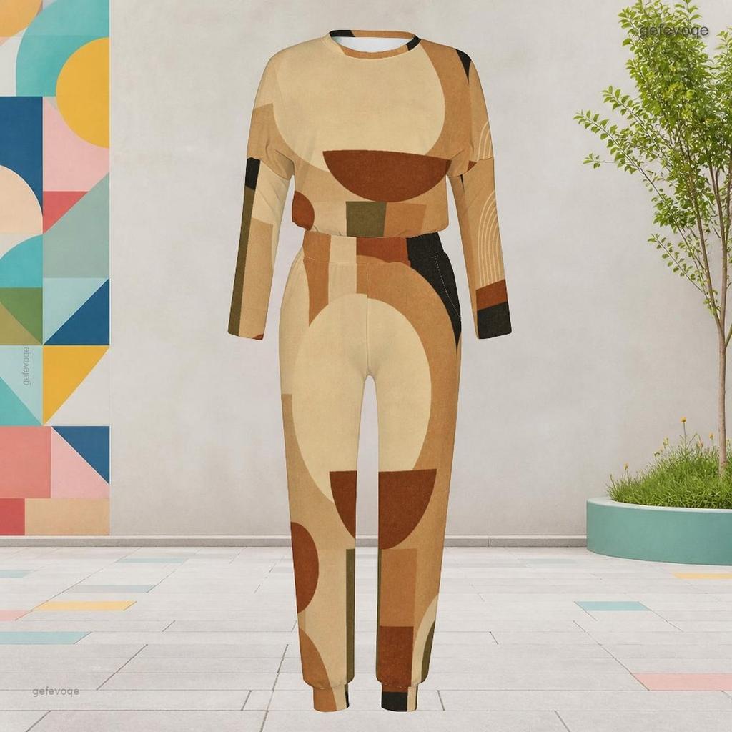 Women Plus Size Geometric Printed Round Neck Long Sleeve Cuffed Top And Pants Two Piece Set