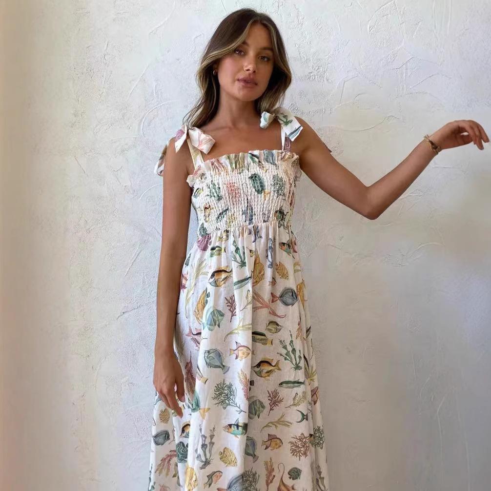 Europe and the United States Cross-border 2023 Independent Station  Fashion Personalized Fish Printing Resort Style Casual Suspender Dress 
