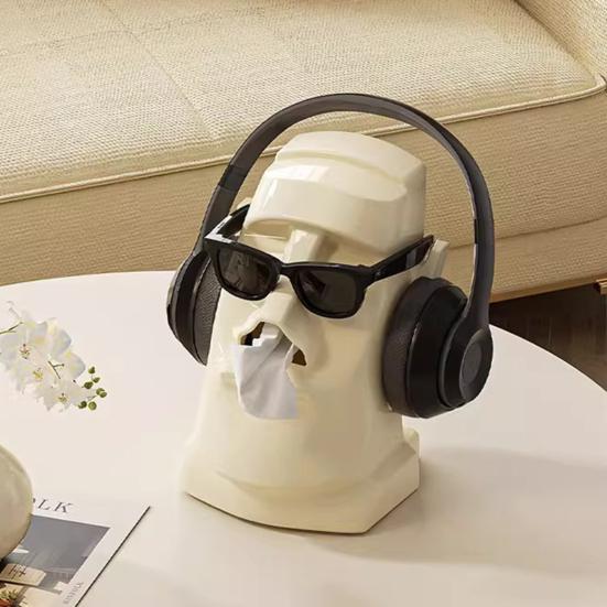 Tissue Box with Built-in Spring Automatic Paper Lift Large Capacity Tissue Holder Stone Statue Design Home Desktop Organizer