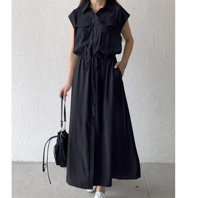 

Polo Summer Single-Breasted Casual Shirt Dress Drawstring Black 2XL