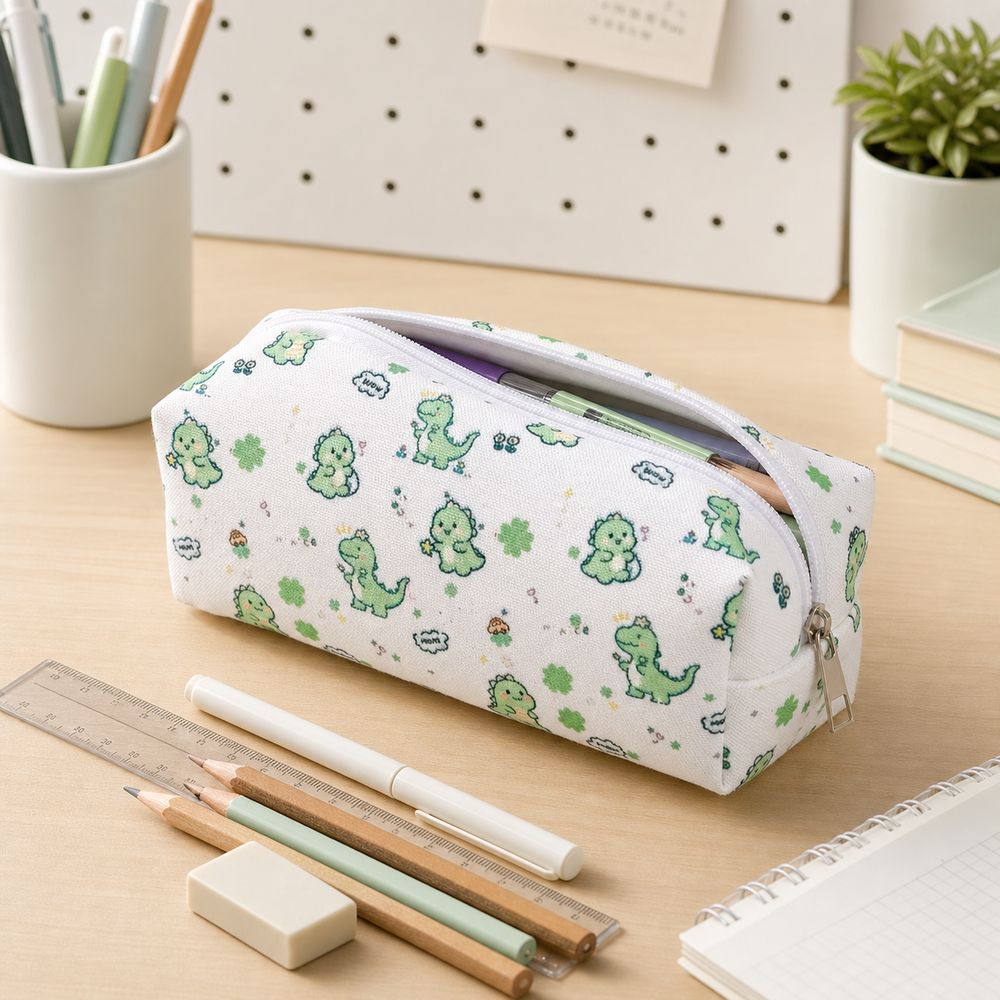 Dinosaur Pattern Dinosaur Pencil Case Metal Zipper Rectangular Shape Stationery Organizer Cute Style Large Capacity