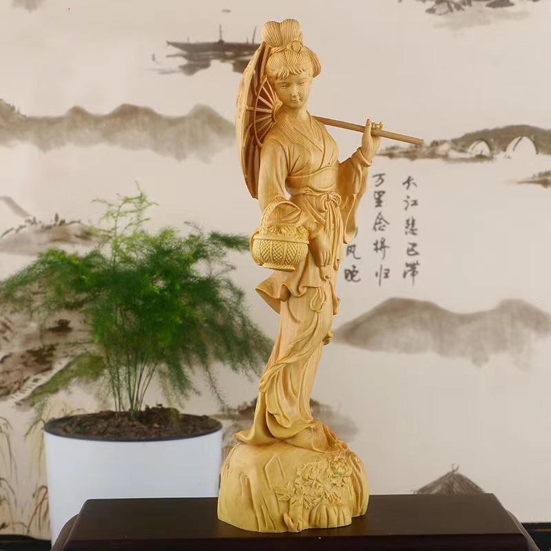 Wood Carving JJiangnan Beautiful Girl Character Figurines Hand Carving Home Living Room Office Table Decoration and Accessories