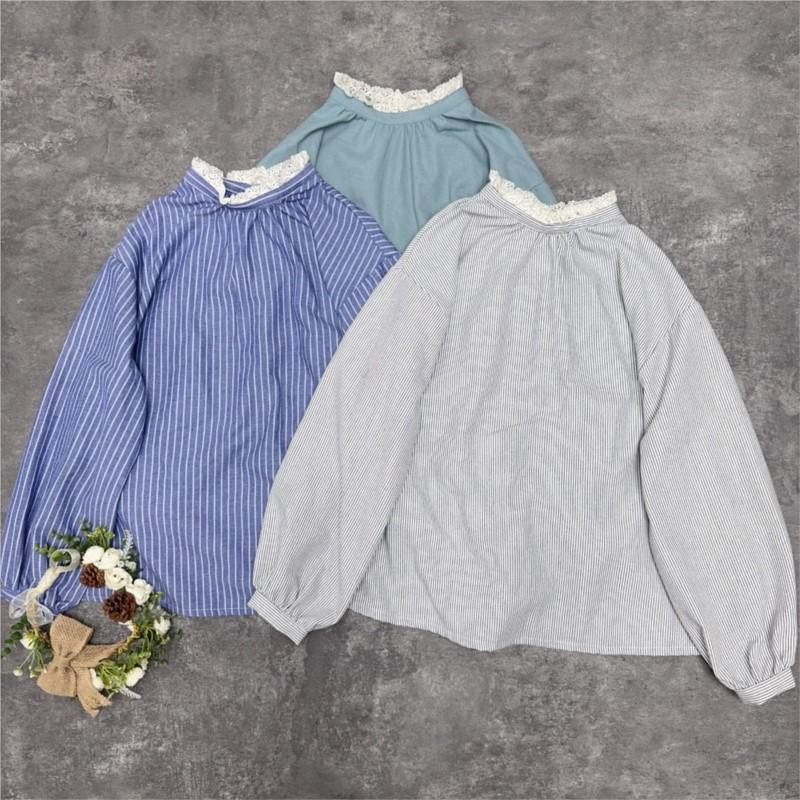 

Johnature Japanese Three-color Shirt Lace Collar Back Button Casual Patchwork Striped Loose Women Shirts One Size бежевый