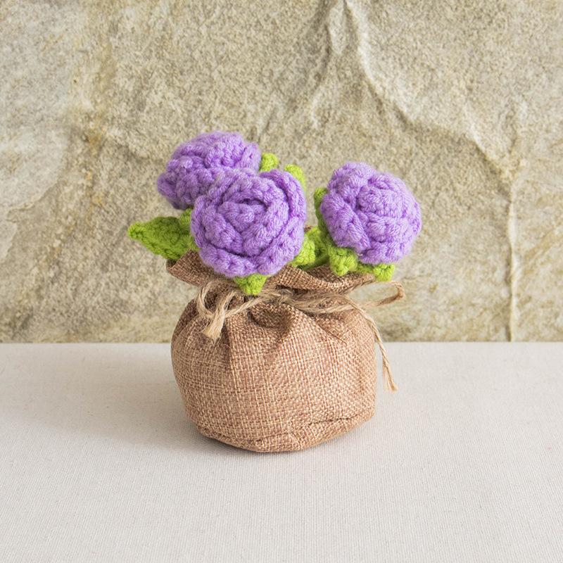 

2025 Knitted Flowers Potted Cute Crochet Flowers Knitting Flower Wedding Guest Gift Crochet Rose Sunflower Table Decor