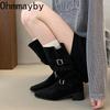 Winter Hottie Pleated Women Western High top Fashion Belt Buckle Slip on Concise Thick Heel Knight Long Booties