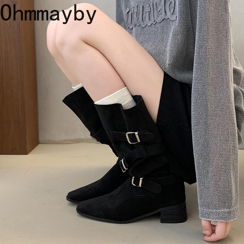 Winter Hottie Pleated Women Western High top Fashion Belt Buckle Slip on Concise Thick Heel Knight Long Booties