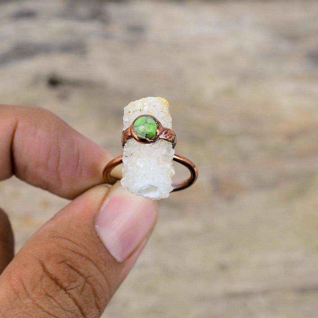 Regenbogen Mondstein Druzy Ring Elektrogeformter Kupferring Grün Türkis Edelstein Ring Verstellbarer Ring Handgemachter Elektrogeformter Schmuck Als Geschenk