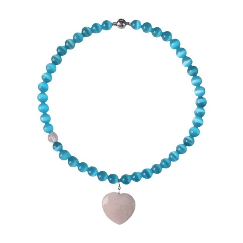 

Elegant Love Heart Blue Cats Eye Stone Beaded Necklace Symbolizing Love and Tenderness for Trendy Women Casual Wear