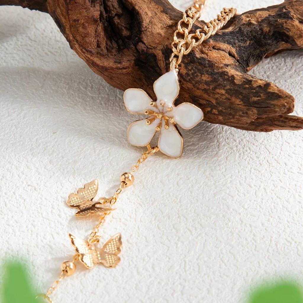 Salircon Romantic Sweet Butterfly Tassel Flower Finger Bracelet Women Elegant Charm Drip Oil Floral Ring Bangle Banquet Jewelry