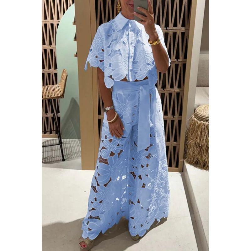 Hollow Collar Top Wide Leg Pants Set Hollow Out Lapel Top Wide Leg Pants Set