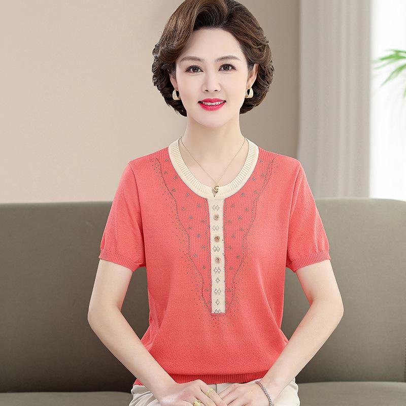 

Elegant Ice Silk Summer Top for Middle-Aged and Elderly Women - Stylish Short-Sleeve Design for 2026 5XL (recommended 75-82.5 kg) оранжевый/красный