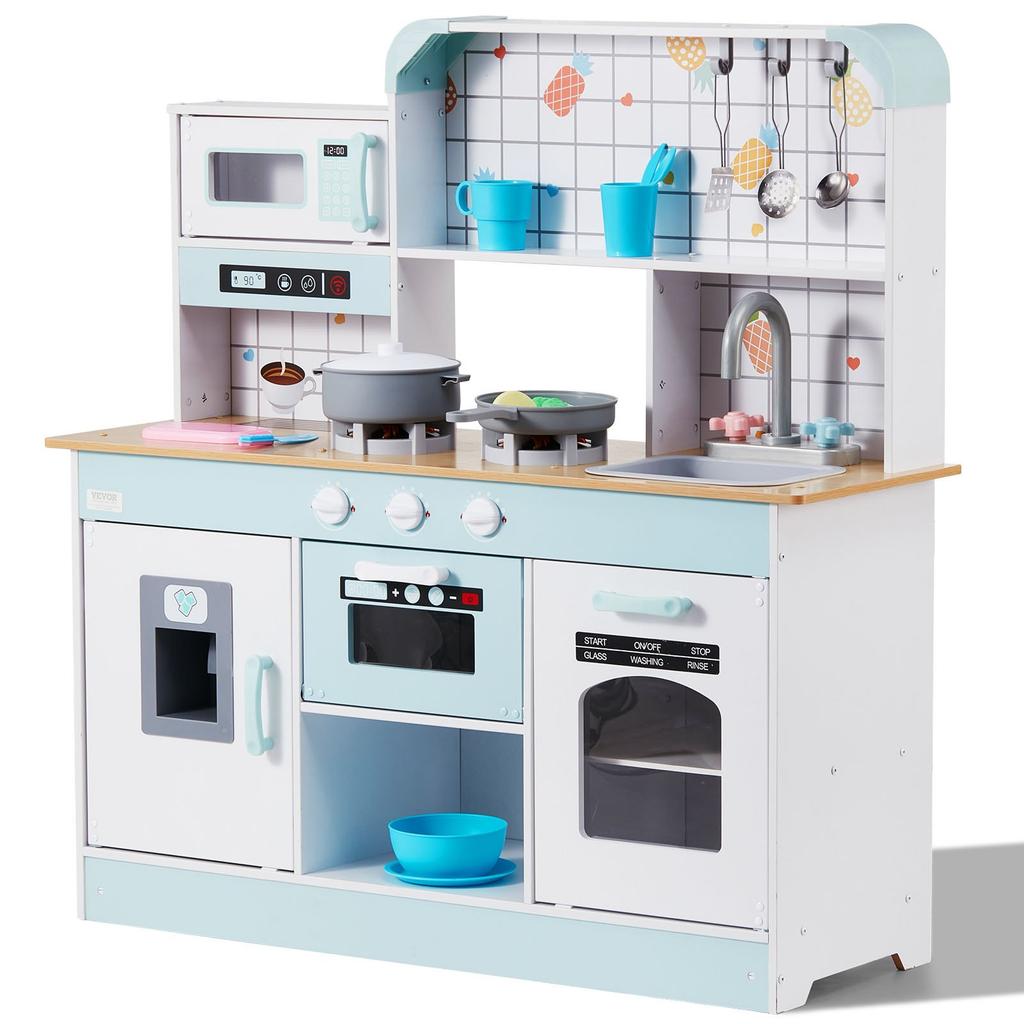 VEVOR Cucina Giocattolo per Bambini, Set Cucina Giocattolo in Legno con Luci e Suoni, Cucina per Bambini Piccoli con Dispenser di Ghiaccio, Forno, Lavello, Microonde